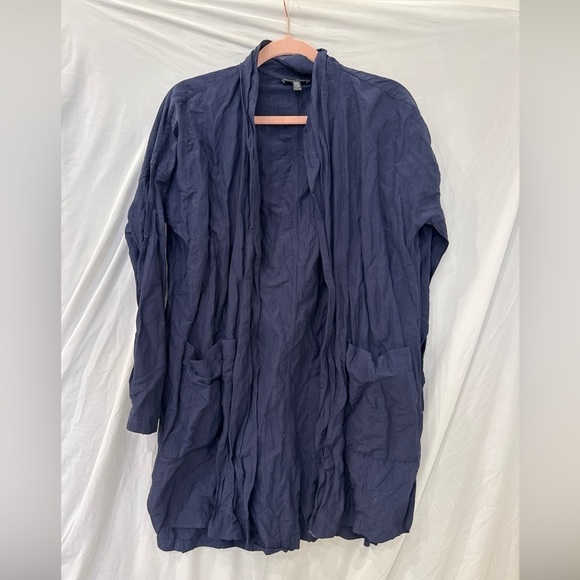 Eileen Fisher open crinkle navy pocket cardigan coat lightweight XXS organic - Picture 1 of 8